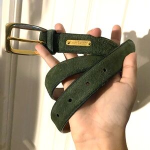 Ralph Lauren Green velvet belt with gold detail.